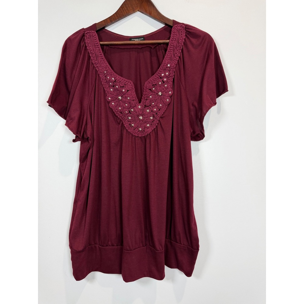 Perception Women‎ Burgundy Crochet Studded V-Neck Blouson Top XL Short Sleeve
